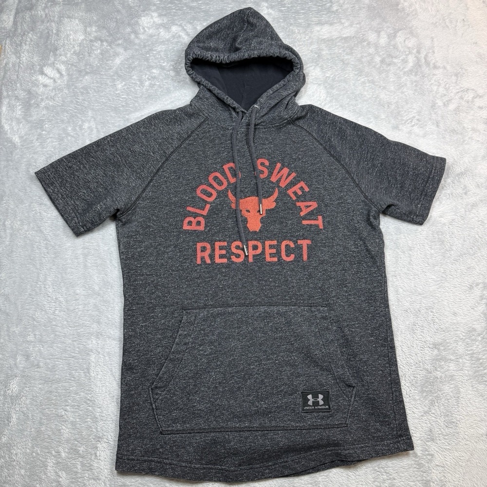 Under Armour Project Rock Short Sleeve Hoodie Mens M Gray Blood Sweat Respect
